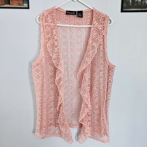 5/$30 Frazzle Light Pink Silky Crochet Ruffle Open Front Coquette Vest Size L